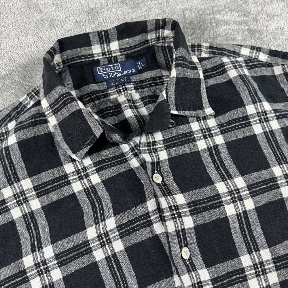 Polo Ralph Lauren Shirt Mens Large Black Plaid Clayton Camp Loop Linen